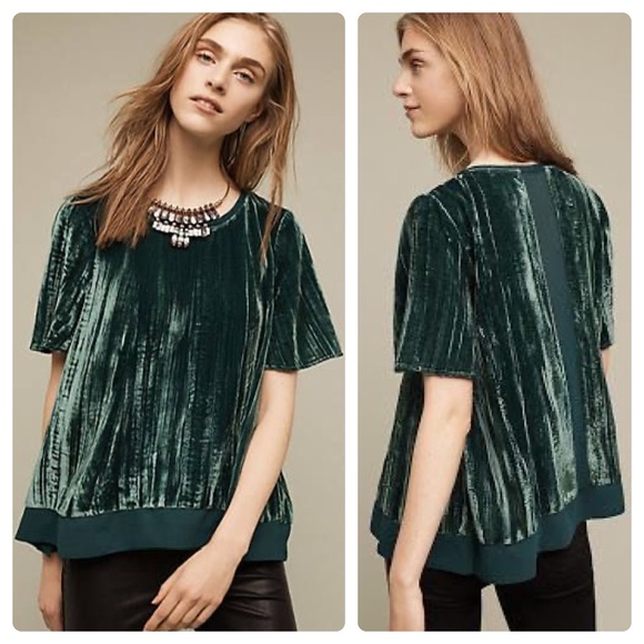 EUC. Maeve {Anthro} Gorgeous Textured Green Velvet Swing Top Blouse | Small - Picture 1 of 16